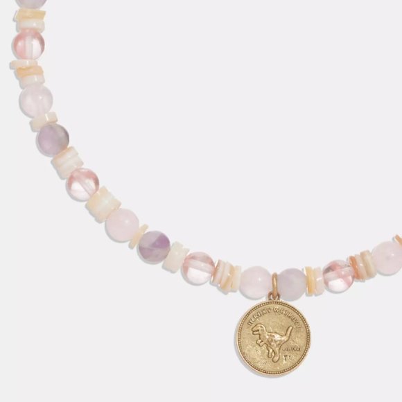 NWT Coach Rexy Coin Beaded Choker Necklace Gem Stone Charm Adjustable Dinosaur - Picture 2 of 10